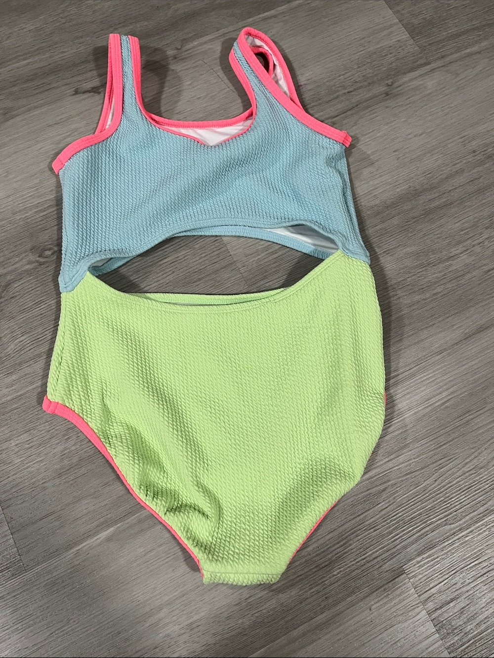 Old Navy Two-Tone Blue & Lime Green Girls Cutout Swim Suit with Pink Trim - Picture 3 of 3